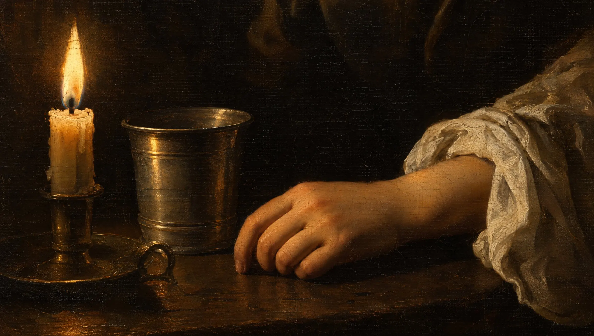 Detail of a candlelit painting: a woman’s hand in a white sleeve beside a candle and a pewter cup