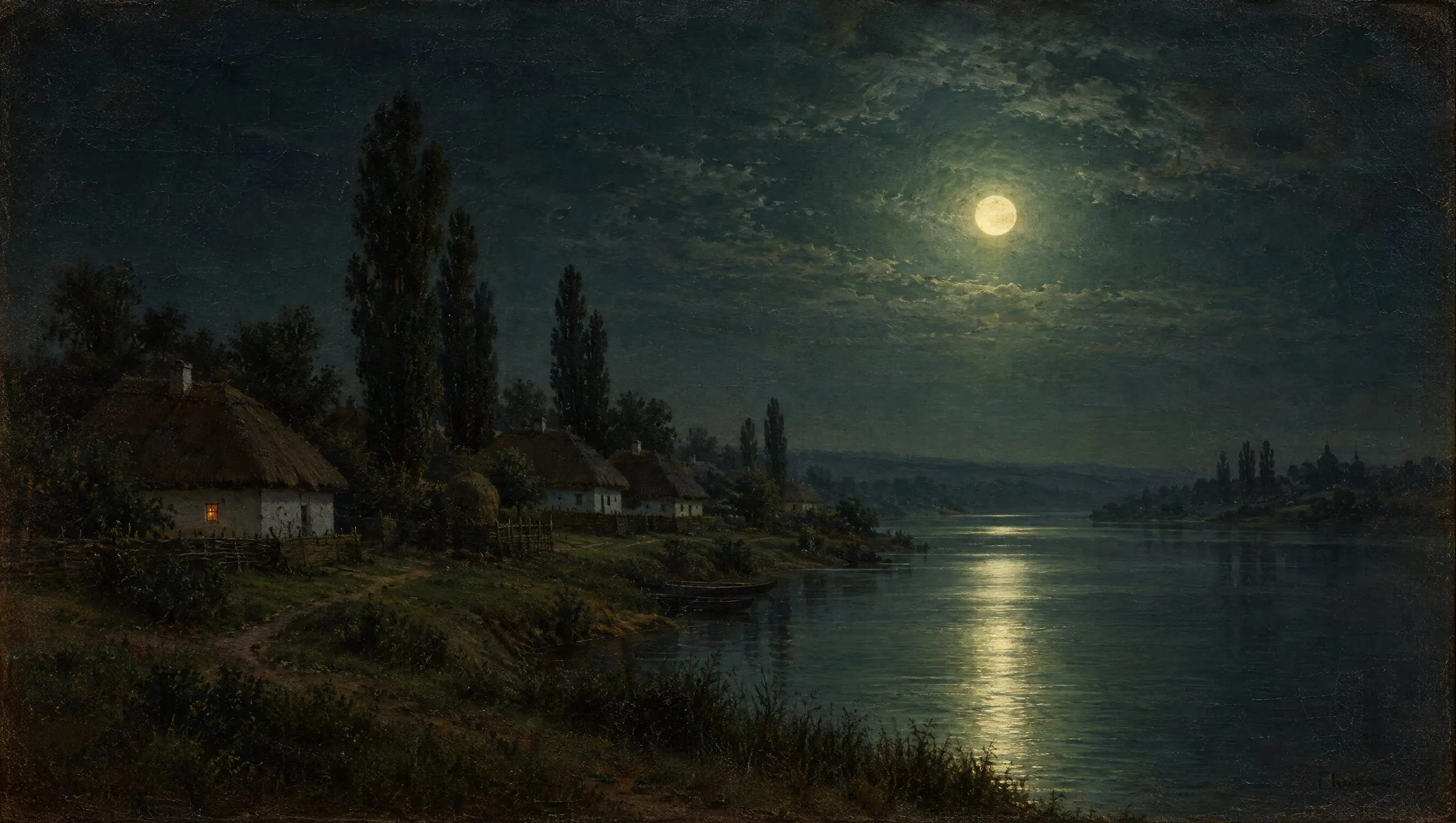 A moonlit village of whitewashed thatched huts on a riverbank, poplars against the night sky