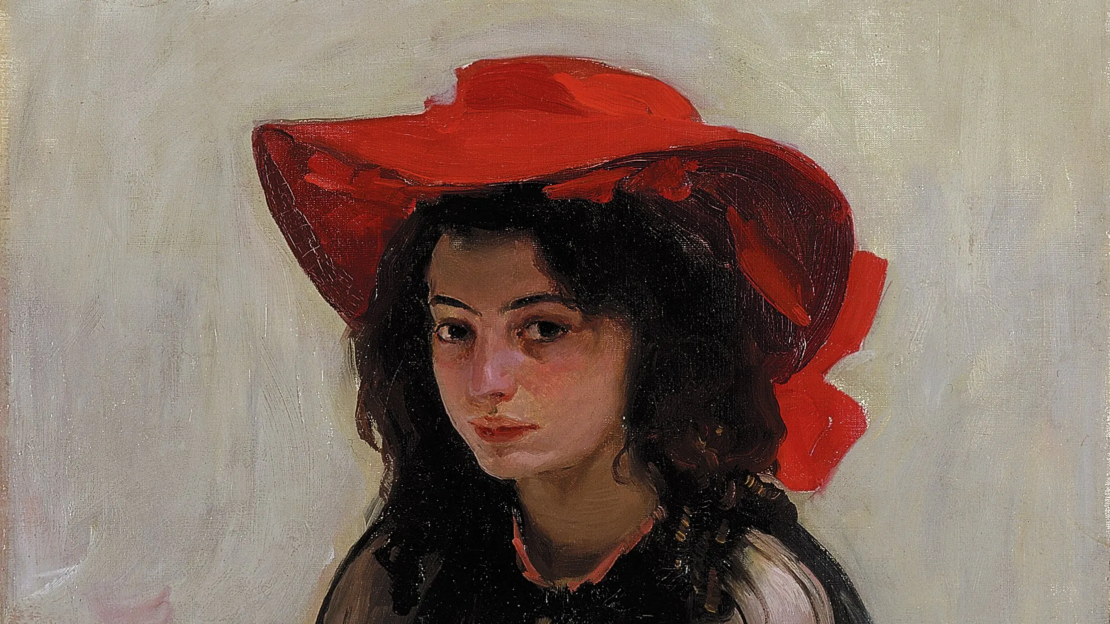 Detail of Oleksandr Murashko, Girl in a Red Hat: a young woman with dark hair under a wide red hat