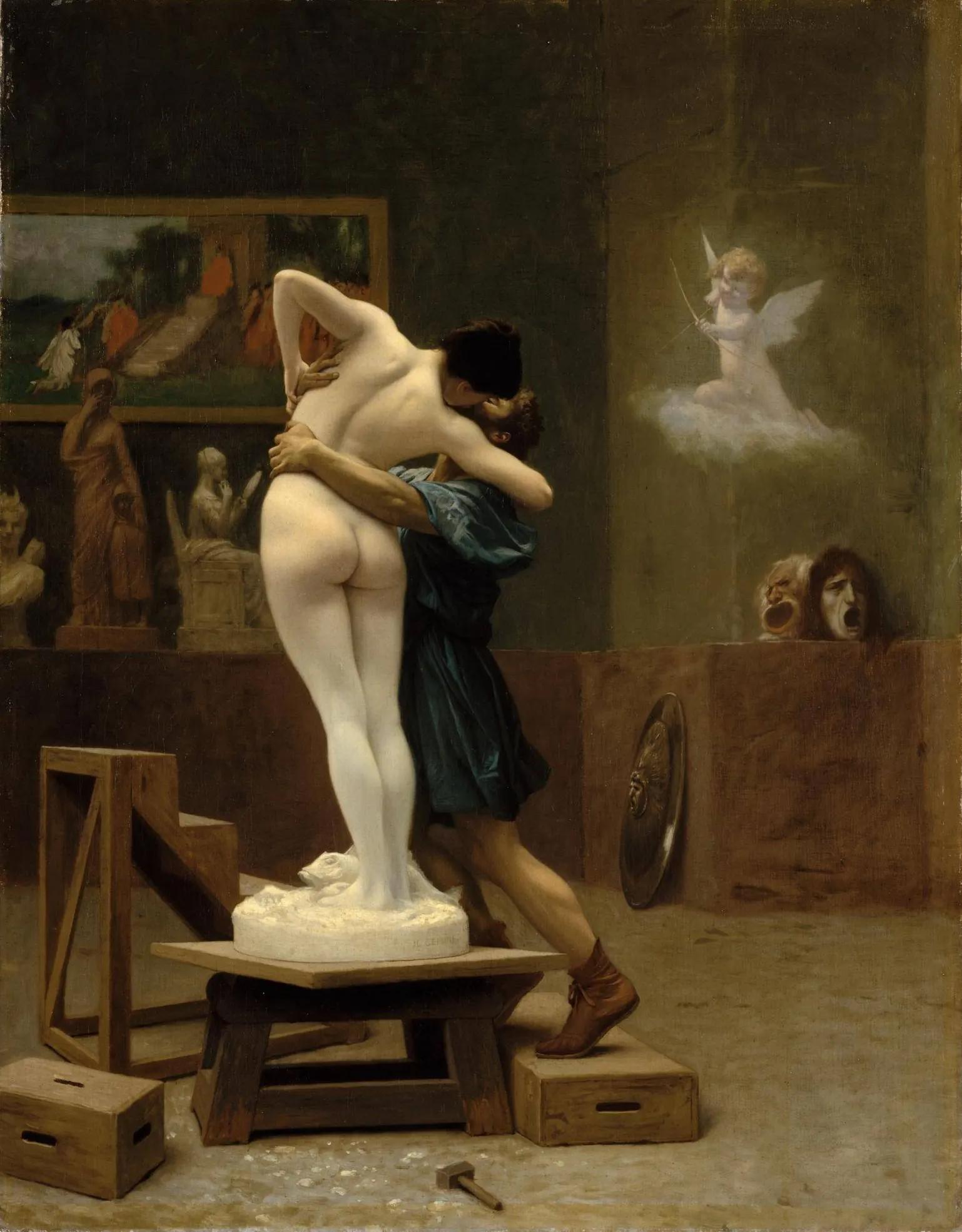 Jean-Léon Gérôme, Pygmalion and Galatea: a sculptor embraces his marble statue as she turns to flesh